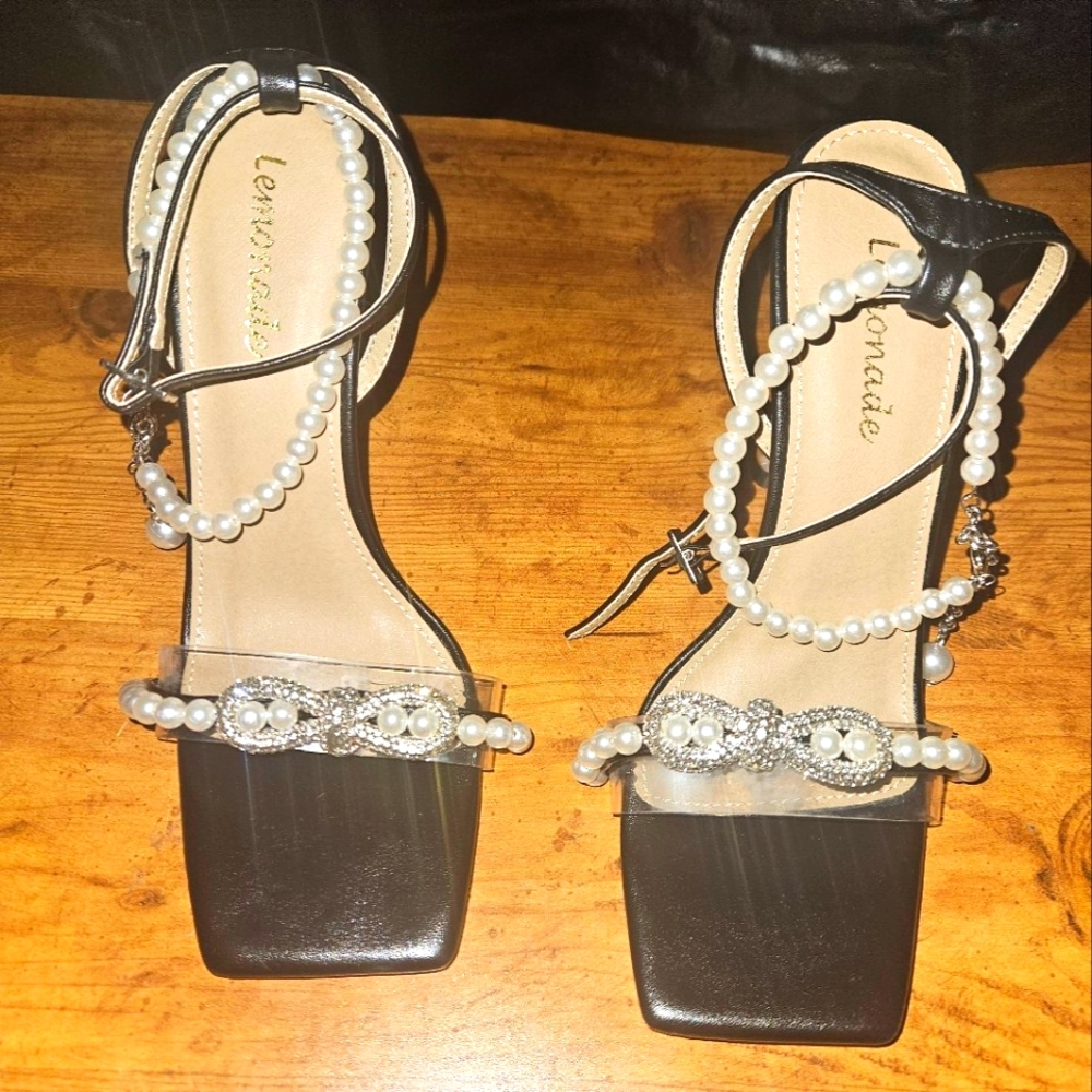 Brand new, size 7, black, square toe hello with pearl and diamond designs.